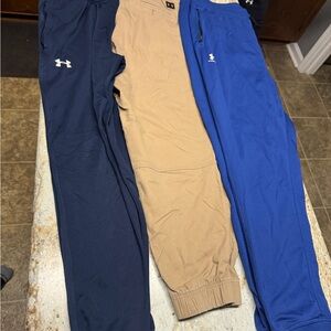 3 Pair of Under Armour Pants Navy, Tan, and Blue Joggers